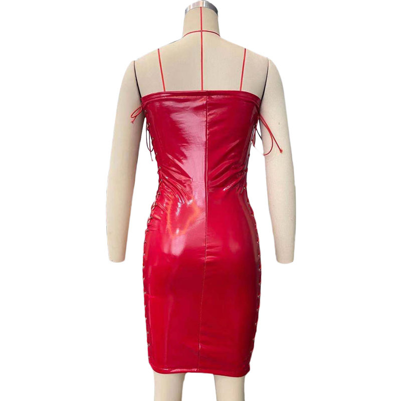 Women Leather Dress Popular Sexy Tight Chest-Wrapped Dress Corns Lace up Leather