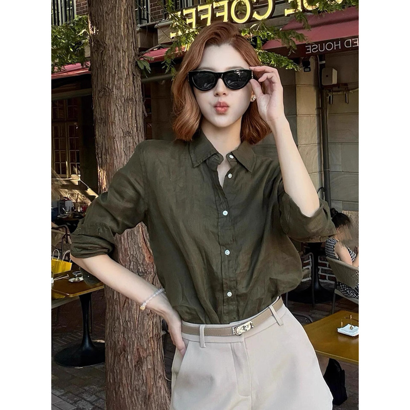 French Green Linen Thin Long-Sleeved Shirt for Women 2026 New Summer Loose Slimming Fashionable Sun Protection Top