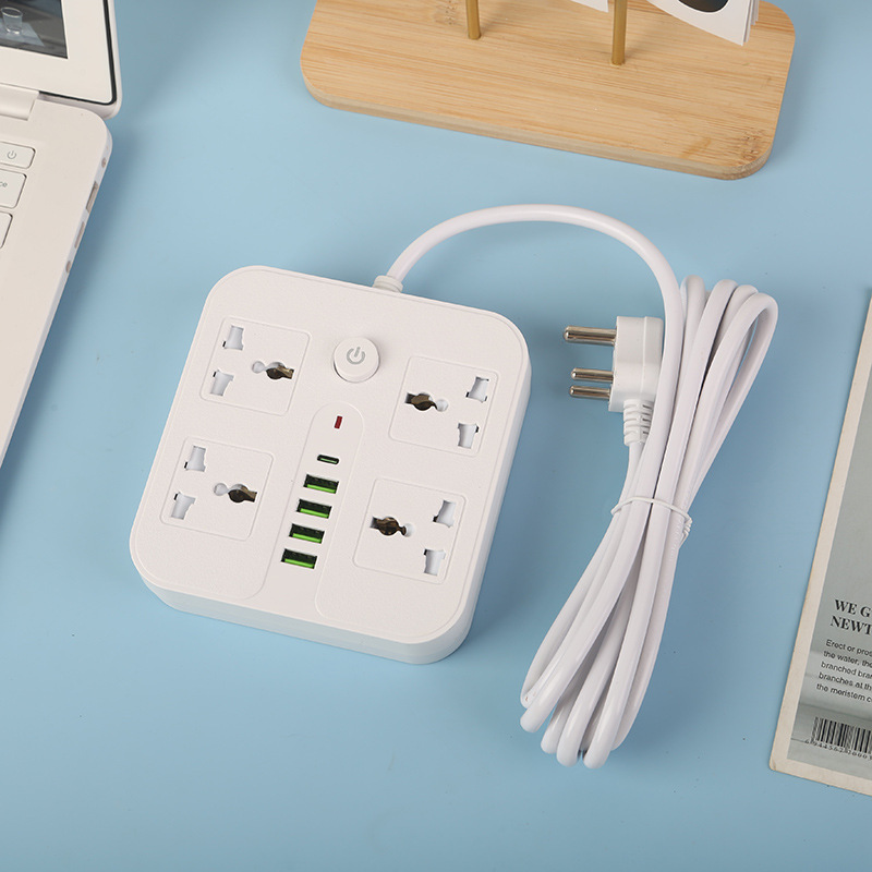 Exportación de Arabia Saudita enchufe cuadrado con caja de puerta de seguridad 4USB + 1Type-c interruptor de banda blanca y negra