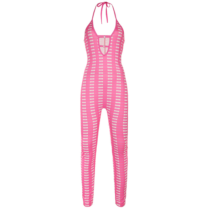 Sexy Women Clothing Barbie Pink Striped Contrast Color Deep V Plunge neck Hollow Out Cutout out Tight Braces Halter Jumpsuit Skinny Trousers