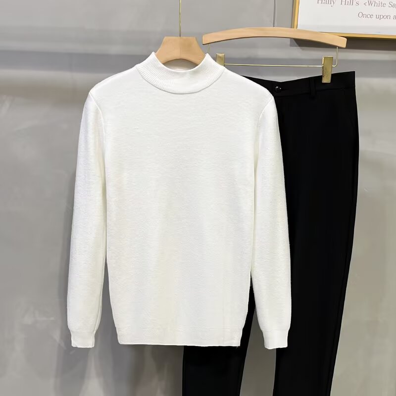 Herren-Fleecepullover mit hohem Kragen, warm, im koreanischen Stil, schmal geschnitten, schwarz, Strick, Winter-Layering-Oberteil, Polyester, Frühling/Herbst_voghion.com