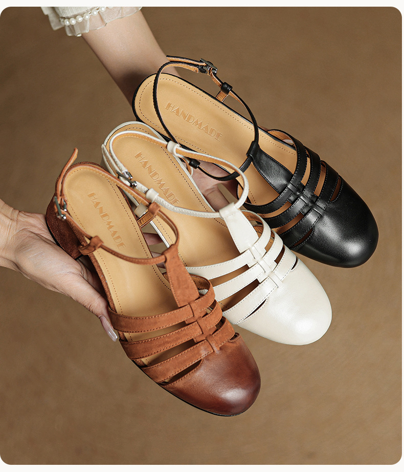 Sandal nữ da bò dệt rỗng mũi hở gót thô cao phong cách La Mã — màu nâu chi tiết 2
