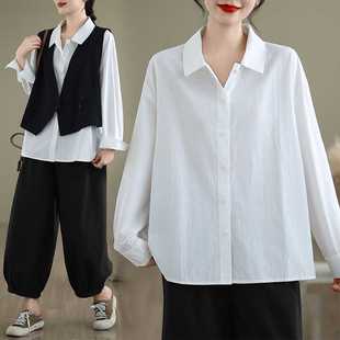 Real Shot of Cotton Vest Two-Piece Set for Women Spring & Fall New Loose Slimming Look Retro Niche Long-Sleeved Shirt Suit