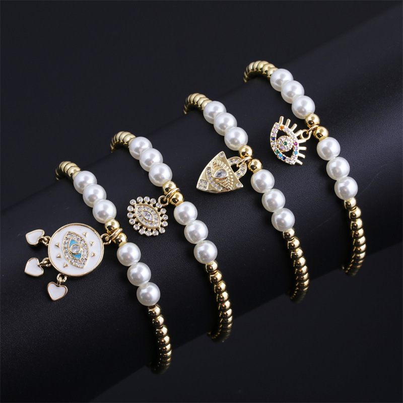 New Copper Round Beads Pearl Zircon Oil Dripping Devil's Eye Bracelet Wholesale Nihaojewelry display picture 1