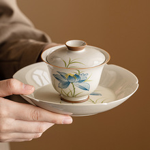 草木灰蓝荷花三才盖碗单个高档泡茶碗陶瓷功夫茶具家用手抓壶
