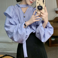 法式灯笼袖衬衫女2024春季新款设计感系带别致温柔风长袖上衣
