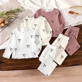 欧美休闲套装女童蝴蝶结套套长袖上衣长裤套装