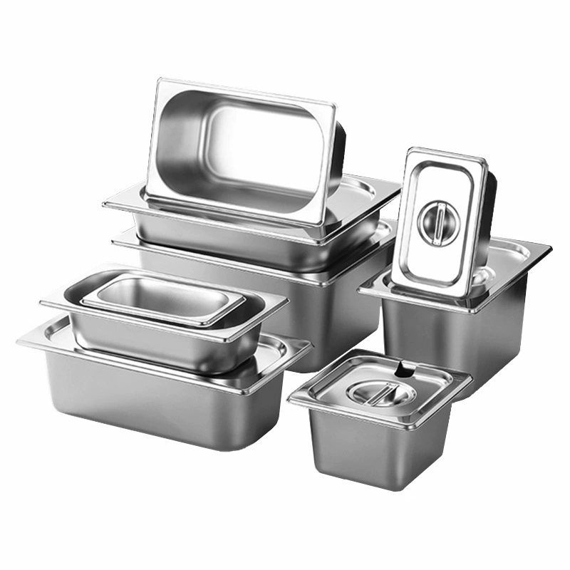 Stainless steel rectangular serving pot with lid for portions, side dish bowl, condiment box for commercial use