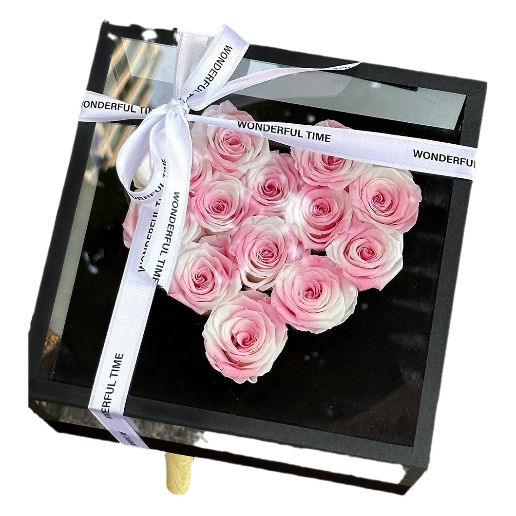 Flor eterna rosa en forma de corazón caja de regalo decoración cubierta de vidrio acrílico para novia regalo de cumpleaños Día de San Valentín