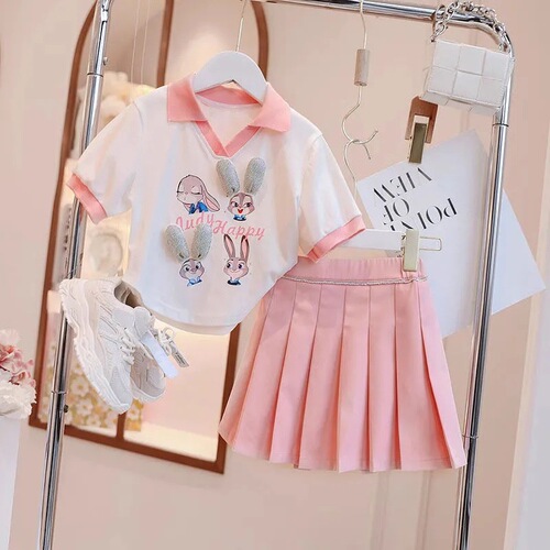 Girls' Summer 2024 New Arrival Children's Casual Two-Piece Set Short-Sleeve Athletic Pants Cartoon Skirt