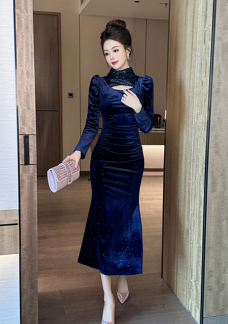 Đầm dạ hội nữ kiểu Pháp cổ tròn ôm sát hông chất nhung lấp lánh — Màu xanh lam chi tiết 12