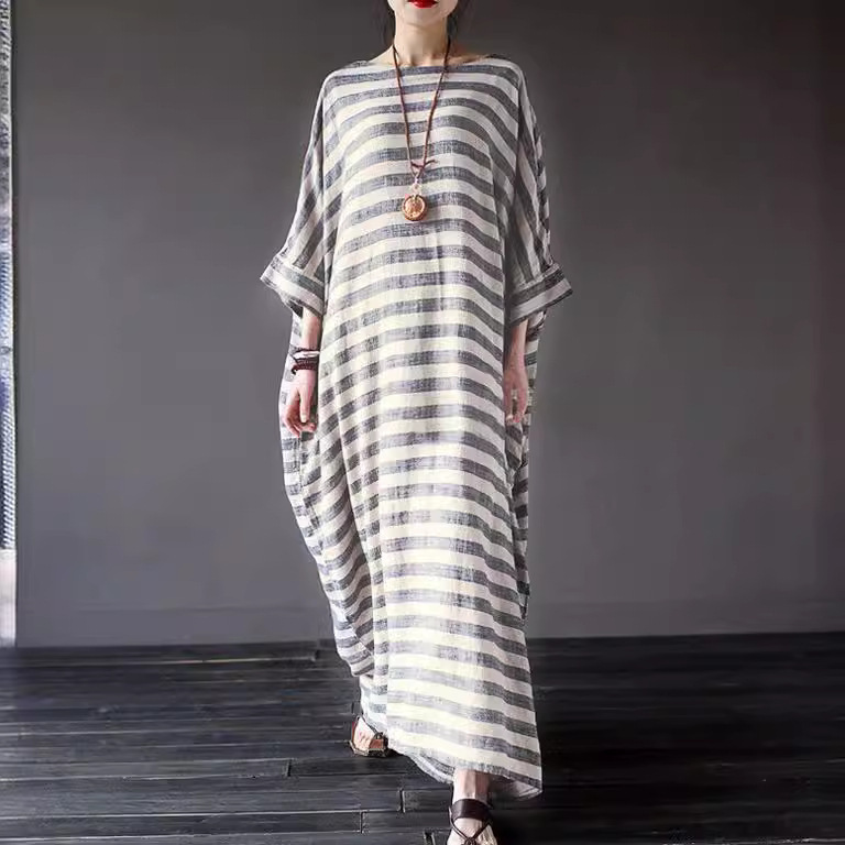 Autumn 2023 New Women's Clothing Vintage Disworn Cotton and Linen Striped Robe Artistic Loose Large Size Long Dress