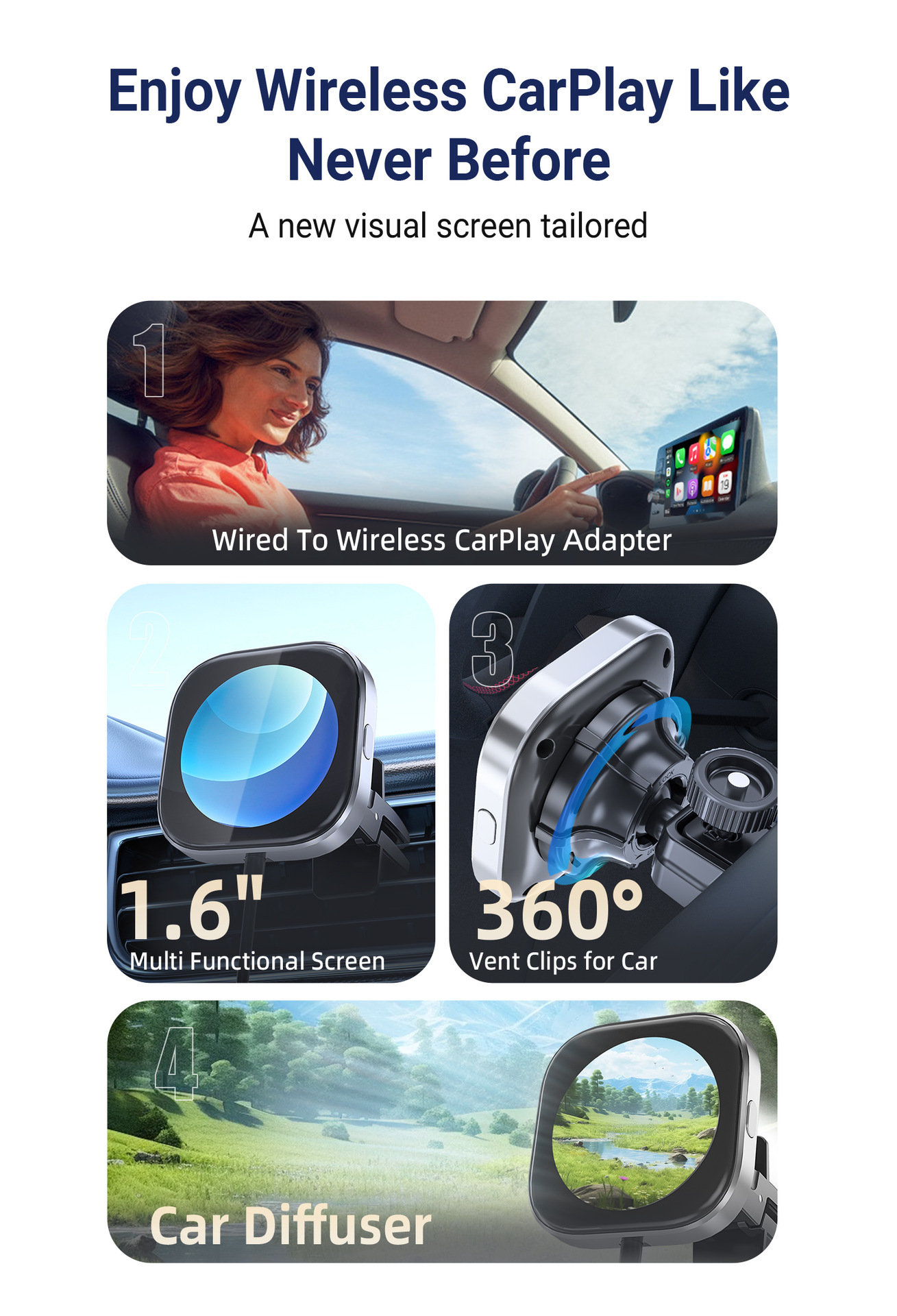New Model with Screen, Wired to Wireless Carplay Portable Adapter for Apple Screen Projection
