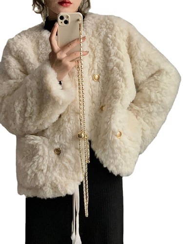 小香风羊羔毛外套女冬季新款小个子宽松加厚白色毛毛上衣棉服
