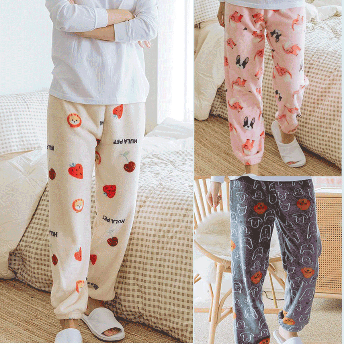 韩版卡通束脚长裤子法兰绒女秋冬季甜美睡裤可外穿家居服休闲裤子