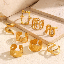 欧美跨境ins风钛钢戒指女 几何高级感小众开口镀金不锈钢饰品批发