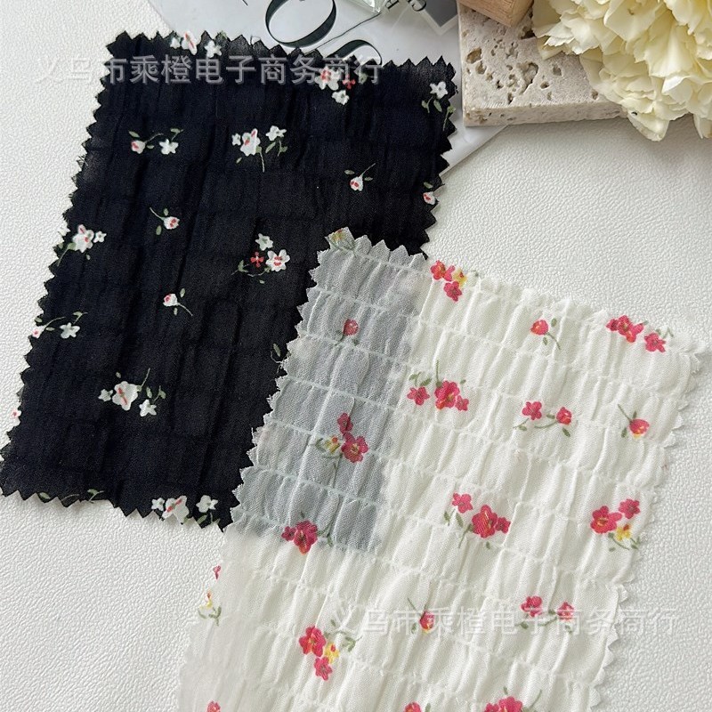 春夏薄款绉绉格印花面料连衣裙娃娃衫衬衫防晒衣童装DIY手工材料