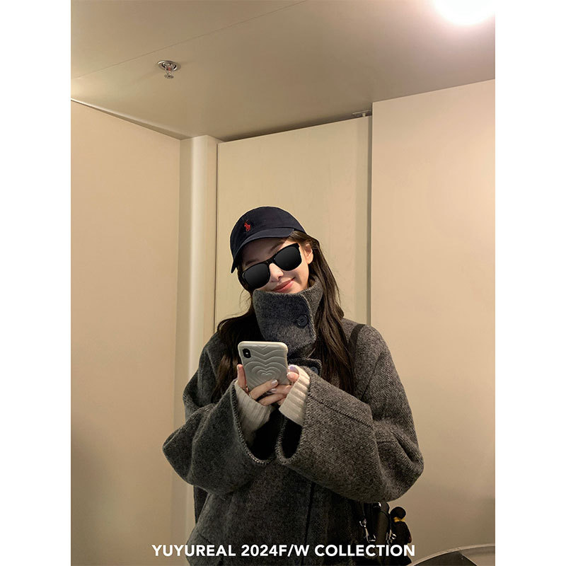 YUYUREAL Winter Fate Collar Wool Coat Women's Winter New Double-breasted dark gray Wool Coat