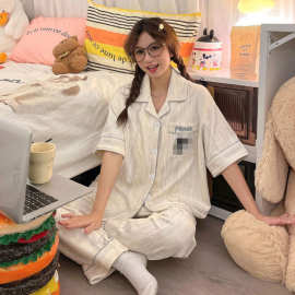 蓝边漫染睡衣女夏季开衫棉质女生短长款卡通简约休闲宽松家居服套