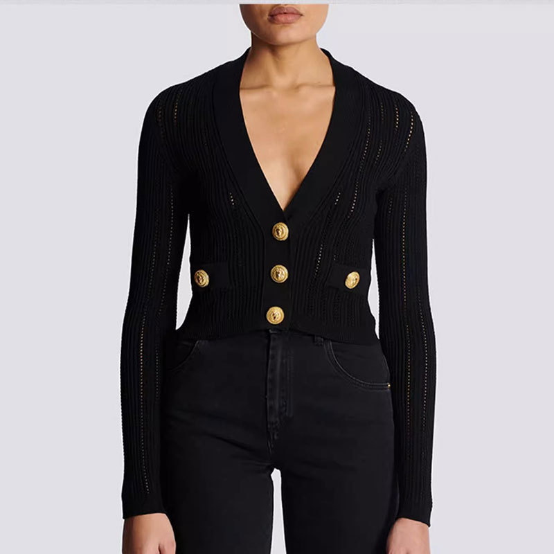 2026 Early Spring Bajia Solid Color Slightly Sexy V-Neck Hollow-Out Gold Button Embellished Knitted Cardigan Long Sleeve Top Jacket for Women