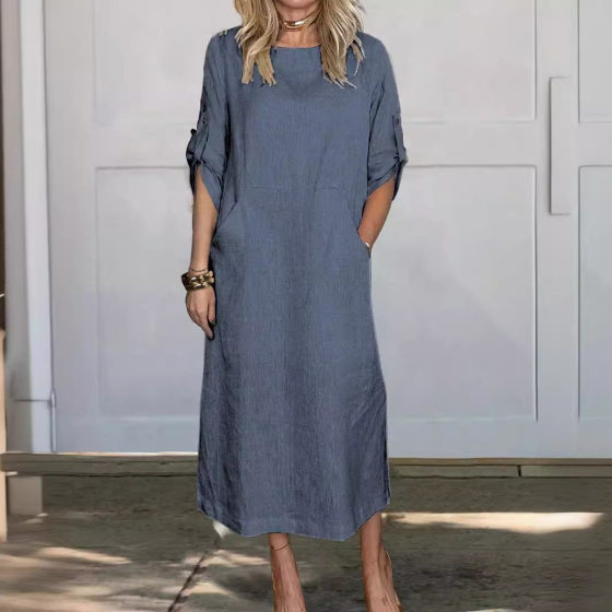New 2024 Summer Wind Loose Casual Solid Color Short-sleeved Cotton and Linen dress