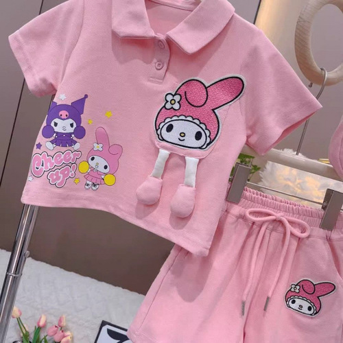 Kurumi Girl's Short Sleeve Set 2025 Summer Children's Polo Neck Mary Jane Shorts Sport Two-Piece Set