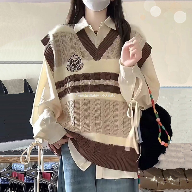 College Style Knitted Vest Shirt Two-Piece Sleeveless Sweater Vest Loose Lazy Style Japanese Style Layered Outer Wear