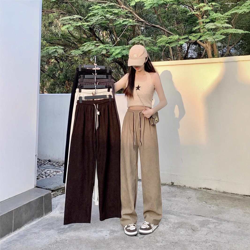灯芯绒超细条绒阔腿裤女秋季双抽绳腰带休闲裤高腰直筒裤显腿长