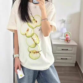 爆款夏季美式纯棉苹果系简约短袖女新款白色水果图案t恤宽松上衣