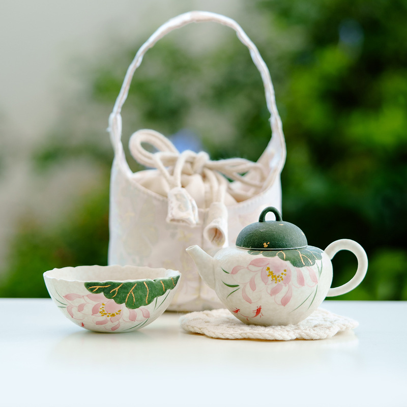岩矿白陶瓷手绘旅行茶具一人饮茶壶茶杯套装户外露营便携式快客杯|undefined