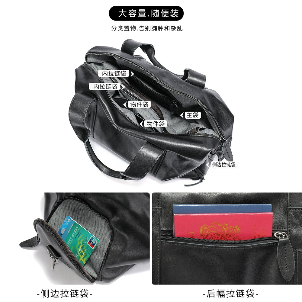 Leather sports travel bag, capacious luggage sports bag for training, cowhide