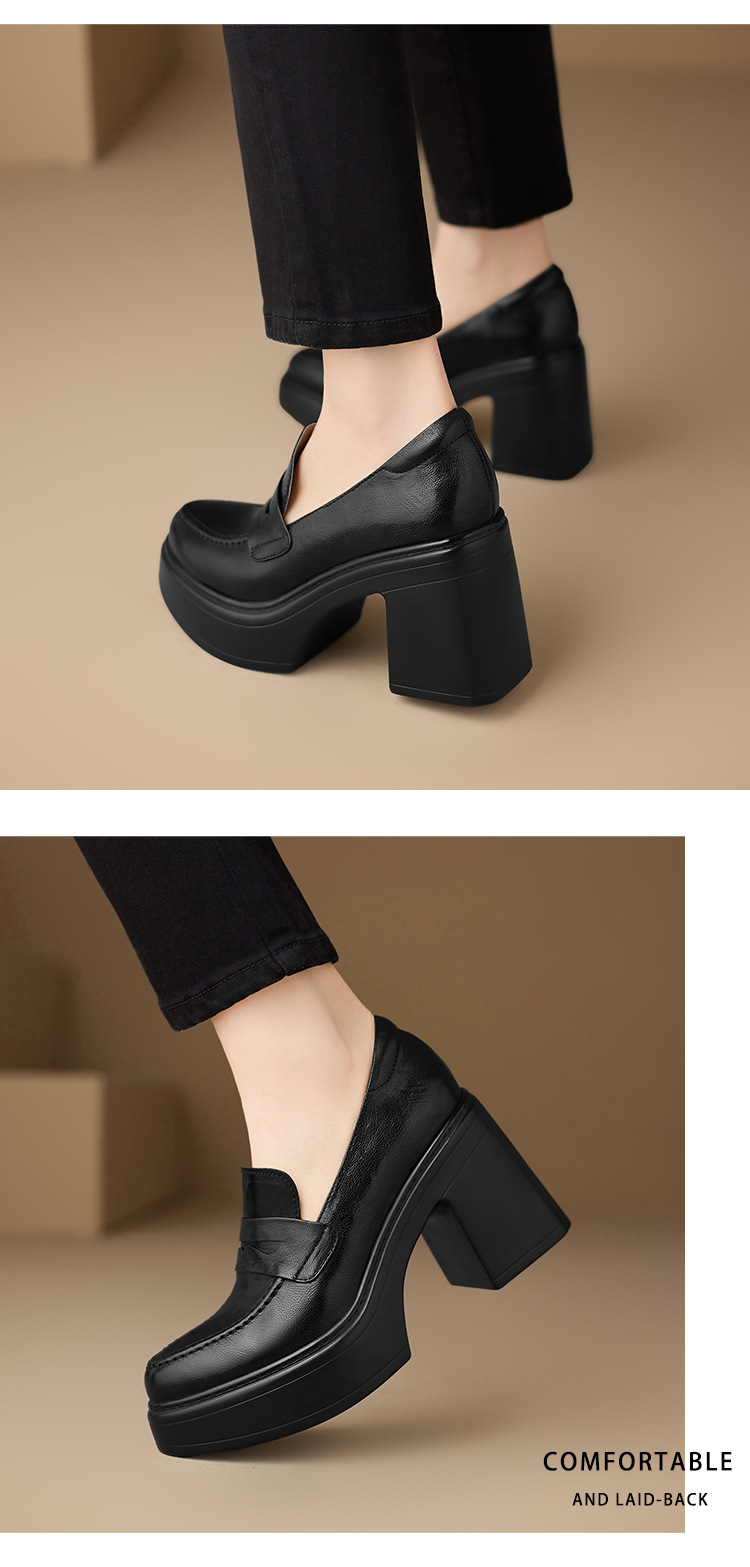 Giày cao gót nữ đế xuồng platform mũi tròn da cừu thật gót vuông 9 cm — màu nâu, màu đen chi tiết 9