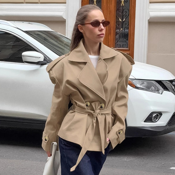 European and American Cross-Border New Style 2026 Autumn Design Trendy Casual Lace-Up Waist-Cinching Mid-Length Khaki Trench Coat for Women