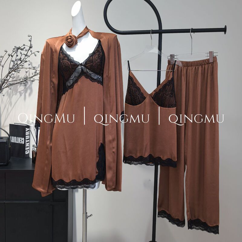 Satin Ice Silk Nightgown with Chest Pads and Straps for Women, Summer Home Wear, High-End Long-Sleeved Women's Loungewear, Wholesale Satin Ice Silk Nightgown with Chest Pads and Straps for Women, Summer Home Wear, High-End Long-Sleeved Women's Loungewear, Wholesale