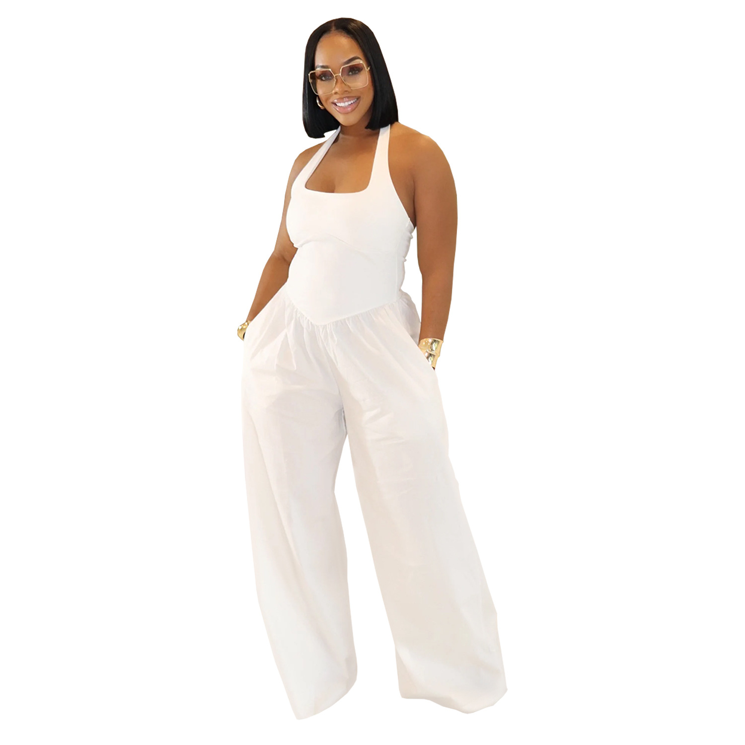 C7390 Cross-border AliExpress Amazon Ropa de mujer de moda europea y americana Mono de color sólido con cuello halter suelto casual