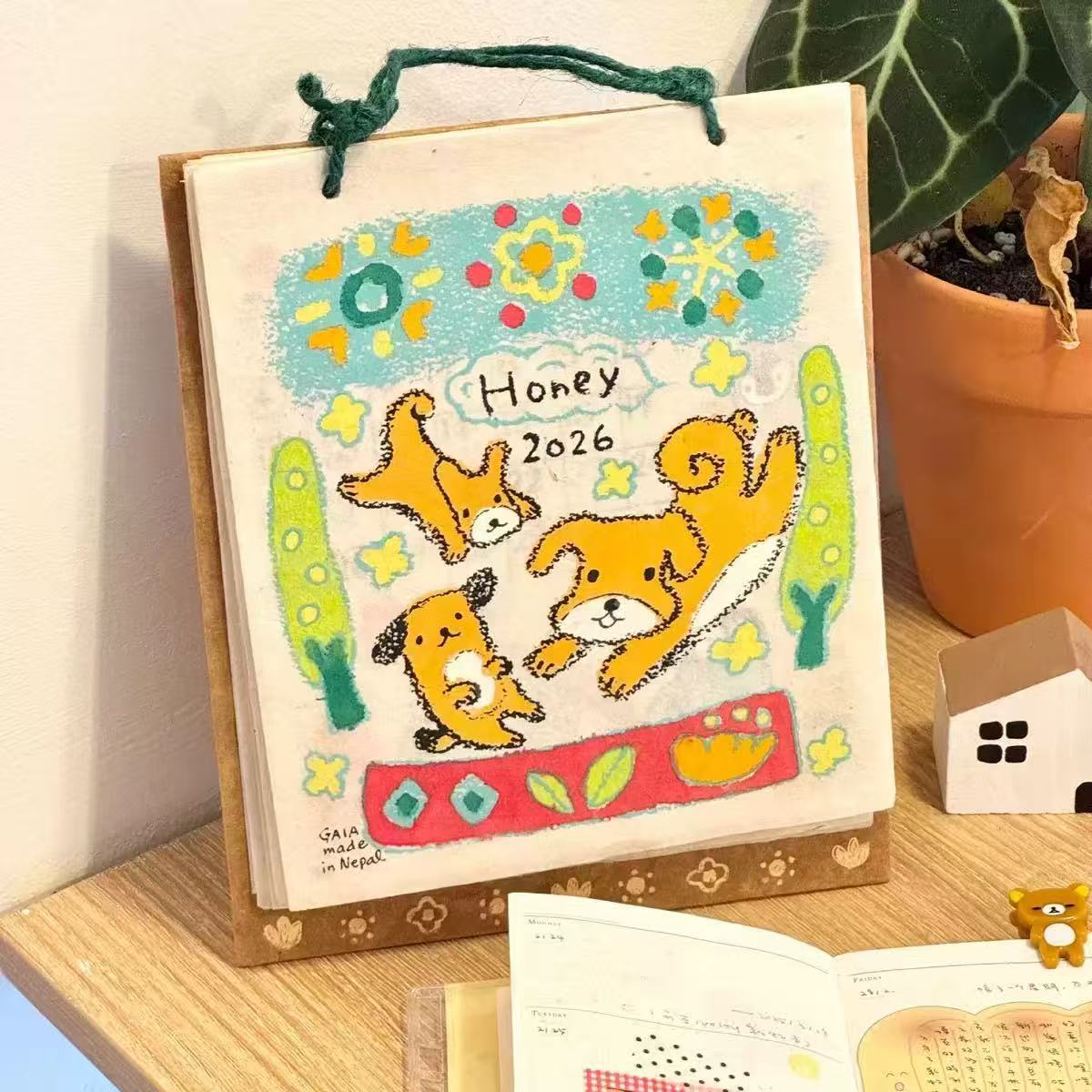 2026年尼泊尔日历小猫涂鸦插画台历年历小动物月历装饰挂件送礼物