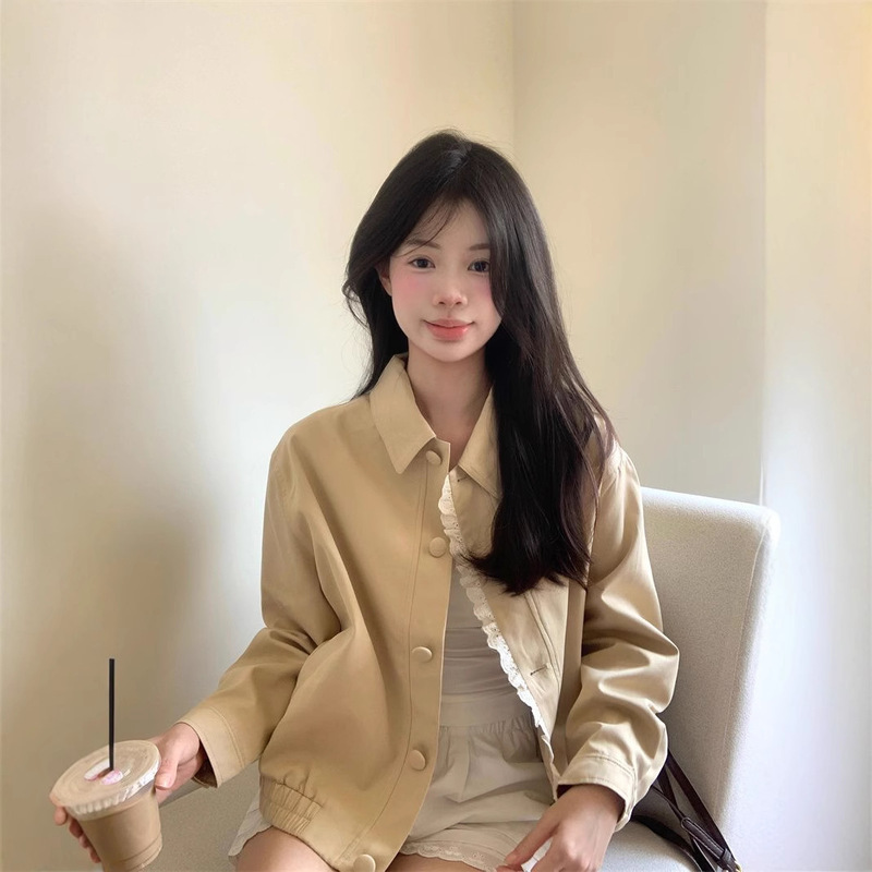 花边拼接翻领长袖夹克外套女新款短款设计感棒球服上衣潮女装夹克|undefined