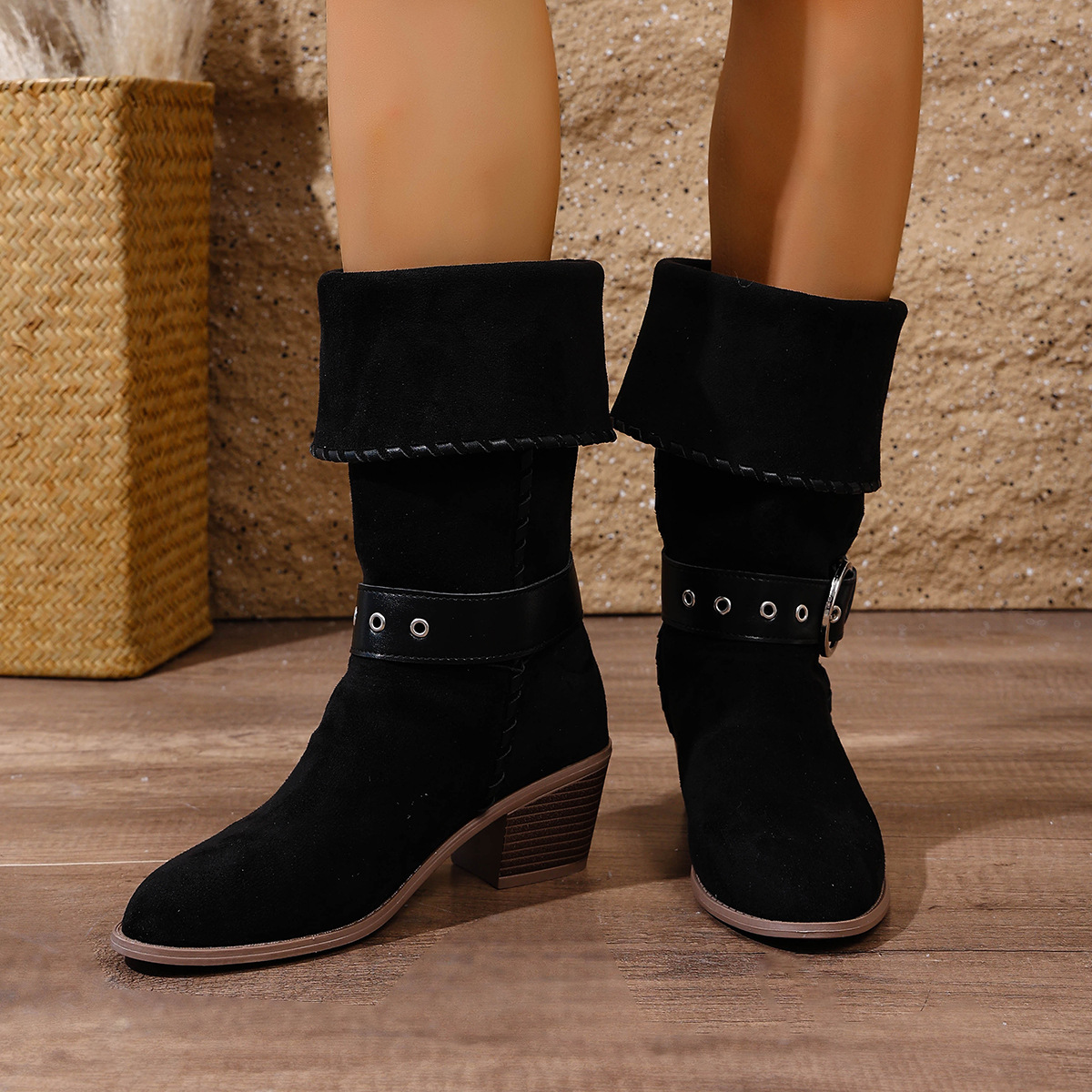 Women's Winter Belt Buckle Turn Up Mid Heel Riding Boots Chunky Heel Plus Size Western Mid Calf Boots_voghion.com