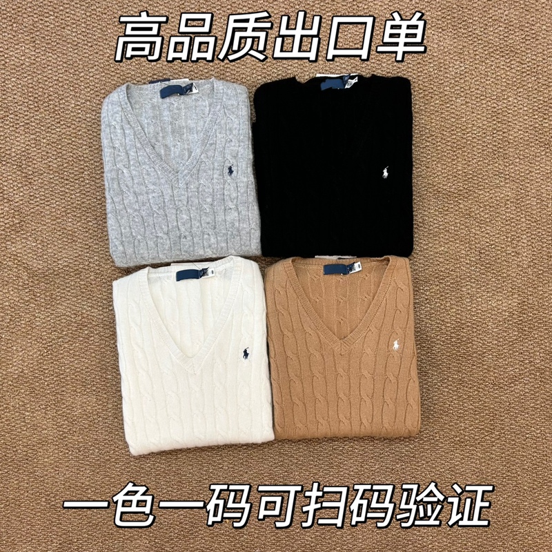 80% Wool 20% Cashmere Ralph Lauren Long-Sleeve Pullover Sweater with Pony Logo Embroidery, V-Neck, Loose Fit