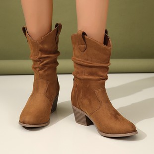 2023 New Large Size Pointed Mid-top Chunky Heel Martin Boots Fashion Western Denim Style Retro Cloth Noodle Fashion Boots for Women