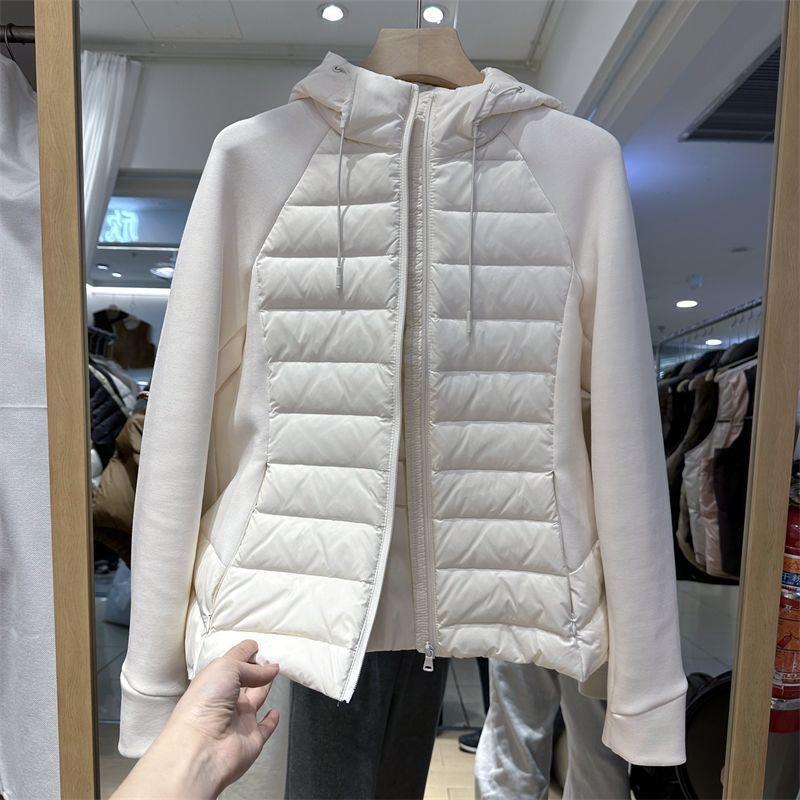 White Duck down Jacket Women's High Elastic Woolen Splicing Top 2025 Autumn Hooded Light Warm Jacket Pink