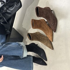 尖头短靴女2025秋冬季新款女靴小猫跟靴子短筒靴高跟鞋气质瘦瘦靴