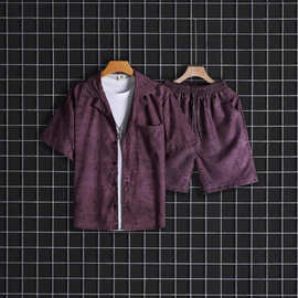 沙滩服套装夏威夷男短袖衬衫潮牌水墨扎染宽松海边大码情侣两件套