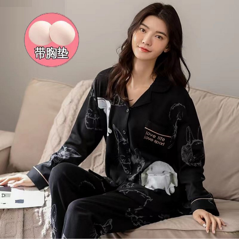 100% pijamas de algodón traje de mujer con almohadilla en el pecho Primavera y otoño pantalones de manga larga dulce simple de dibujos animados prendas de vestir exteriores homewear