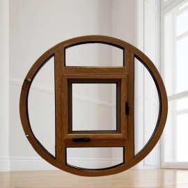 断桥铝合金60系列圆形美式手摇窗磁吸纱窗一体卧室木纹窗定制