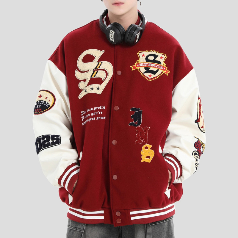 Wool and Leather Patchwork Jacket for Young Men, 2025 New Casual Loose Fit Autumn and Winter Hooded Trendy Brand Windbreaker