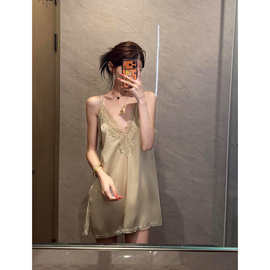 法式轻奢蕾丝花边睡衣女款夏季新款冰丝吊带睡裙家居服连衣裙大码