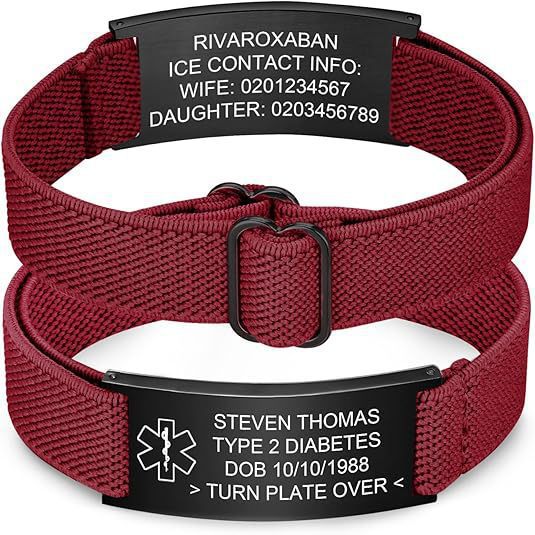 Titanium Steel Curved Plate Engraved Bracelet Red Elastic Webbing Adjustable Gift Bracelet Stainless Steel Curved Plate Medical Bracelet
