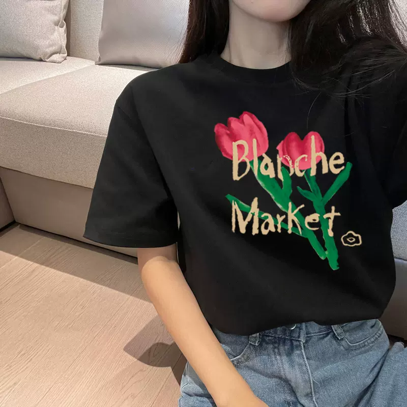 抖音爆款2023春夏新款网红涂鸦花朵短袖t恤女韩版时尚宽松女式T恤