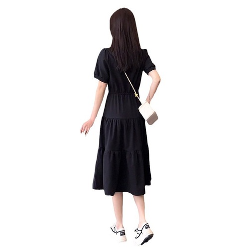 Summer Short-Sleeve Dress for Women, Medium-Long Length, 2025 New Arrival, Elegant and Slimming, Waist-Clinching, Fashionable High-Waist Round Neck Dress
